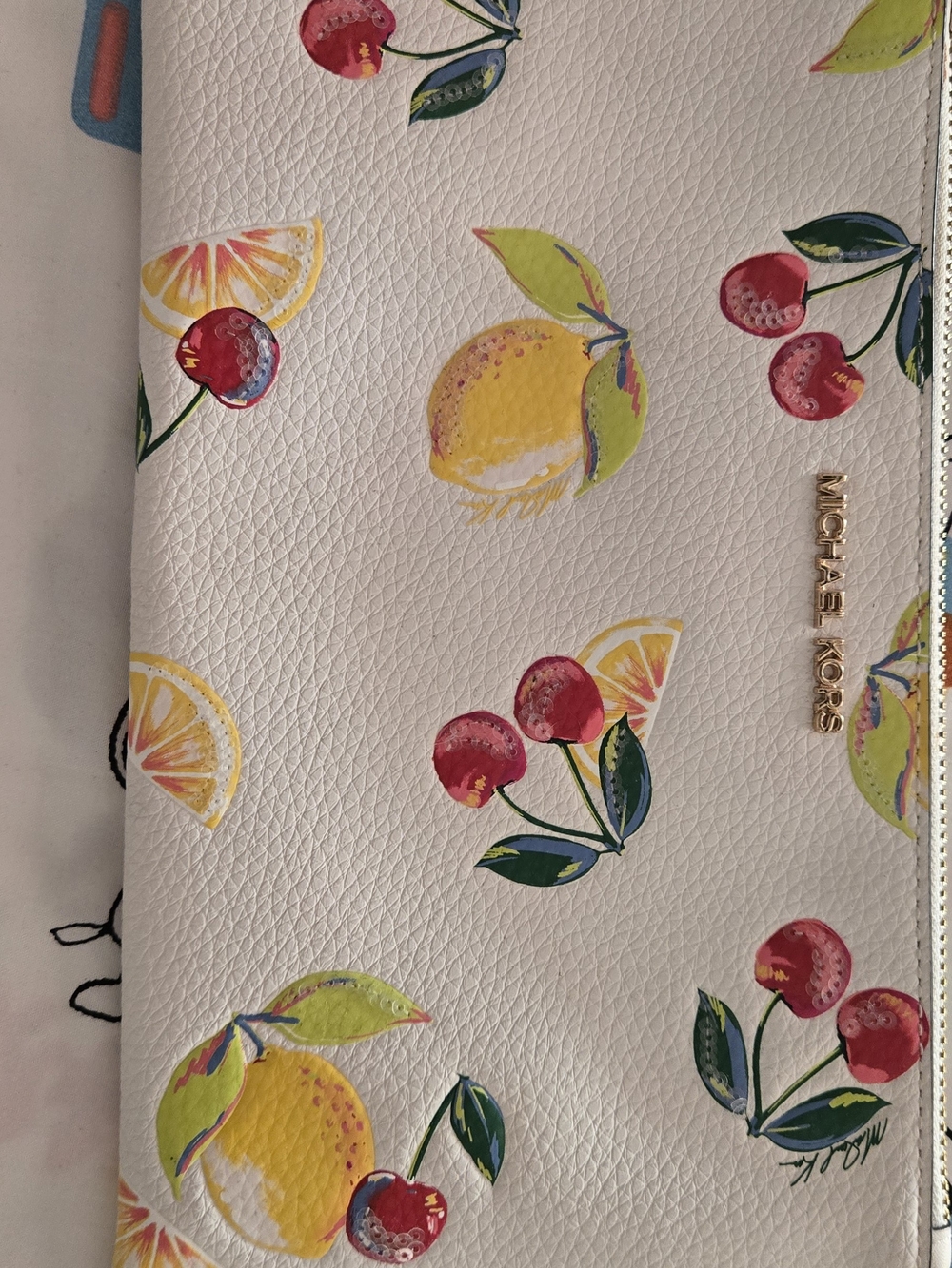 Michael Kors White Lemon & Cherry Print Leather Wristlet
